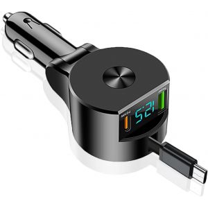 JGD-Chargeur Voiture Retractable 75W+Type-C C&acirc;ble Int&eacute;gr&eacute;, Allume-Cigare USB C 22.5W Cable[PD 30W/USB-A 22.5W] 3 Ports, Affichage LED, Charge Rapide pour Smartphones, Tablettes et Autres Appareils - Neuf