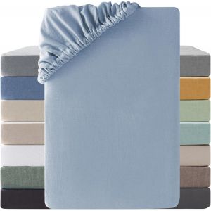 Tianyi-Drap Housse 180x200 Coton,Poches Élastiques De 30 Cm,100% Coton Lavé Texture Similaire À Celle Du Lin Stone Washed Confortable Respirant Drap-Housse,Bleu Clair - Neuf