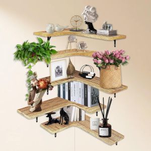 Lot De 5 &Eacute;tag&egrave;res Murales D'angle Flottantes En Bois Massif - 43 X 33 X 8 Cm - Couleur Bois - Pour Cuisine, Salle De Bain, Chambre &Agrave; Coucher, Salon - Neuf