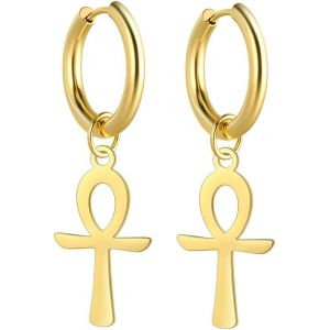 Kalhx-Égyptien Ankh Croix Pendentif Boucles D'oreilles En Acier Inoxydable Dangle Hoop Boucles D'oreilles Clé De Vie Amulette Classique Croix Bijoux Pour Femmes Hommes - Neuf