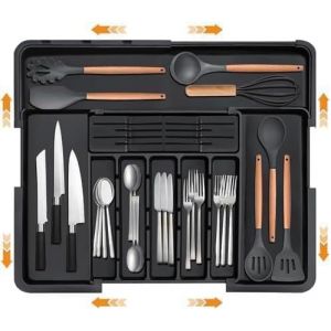 Range Couverts Pour Tiroir,Organisateur Tiroir Cuisine Extensible,Plateau D'ustensiles Rangement Cuisine Avec 9 Compartiments,Range Couverts Plastique Pour Cuill&egrave;res Fourchettes Couteaux Grand Noir - Neuf