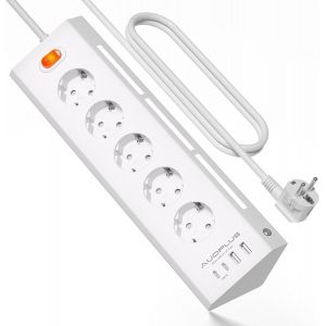 Multiprise avec 5 Prises de Courant et 4 Ports USB (2 USB A+2 USB C), Multiprise de Protection Contre la Surtension et Interrupteurs, C&acirc;ble de 2 m, 3680 W/16 A, Blanc - Neuf