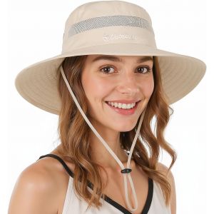 Chapeau Femme Homme Soleil Outdoor Summer Pliable Réglable Protection Uv Chapeau De Brousse Queue De Cheval En Maille À Large Bord Pour Randonnée Pêche Plage Jardinage,Beige - Neuf