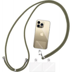 Kal-Tour De Cou Téléphone Réglable Avec 3 Patchs, Cordon De Collier De Longe Portable Universelle Compatible Avec Plupart Des Smartphones -Lanière Armée Verte - Neuf