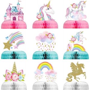 9 Centres De Table Licorne Arc-En-Ciel En Nid D'abeille Pour Filles Sur Le Th&egrave;me De La Licorne Pour F&ecirc;te D'anniversaire,F&ecirc;te Pr&eacute;natale,D&eacute;coration De Table - Neuf