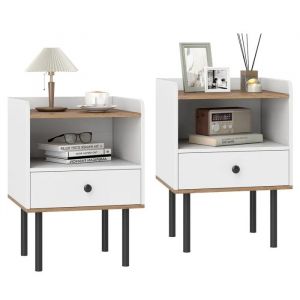 COSTWAY Lot de 2 Table de Chevet avec Tiroir et &Eacute;tag&egrave;re de Rangement Ouverte, 4 Pieds en M&eacute;tal, pour Chambre, Salon, Blanc - Neuf