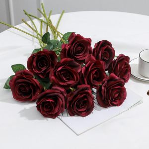 Lot de 10 roses artificielles en soie - 54 cm - Longue tige - R&eacute;alistes - Pour bricolage, fleurs de mariage, bouquets de mari&eacute;e, arrangements, f&ecirc;tes et d&eacute;coration de maison (bordeaux) - Neuf