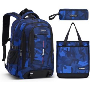 CHECARZHN--NO1-Sac À Dos Pour Garçons, Ensemble Sac D'École Imperméable Camouflage Pour Enfants, Cartable Garçon Pour École Primaire Et Collège Avec Sac À Bandoulière Et Trousse À Crayons, Bleu - Neuf