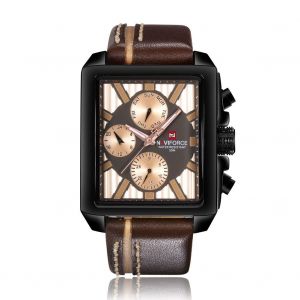 Montre Homme Naviforce A Quartz, Bracelet En Cuir, Etanche 3atm, Cadran Carre (Cafe Noir) - Neuf