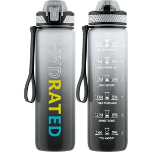 Eryi-Gourde, 1l Gourde Sport Avec Paille Et Graduée, 1 Litre Étanche Bouteille D'eau Avec Brosse, Gourdes Motivation Sans Bpa Pour Fitness, Bureau, L'école, Yoga - Neuf