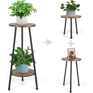 KALANKA-Support Plantes Interieur 2 Niveaux Convertible, Métal Bois Porte Plante Interieur, Étagère Plante Pour Décoration Interieur Extérieure Balcon Jardin Salon - Neuf