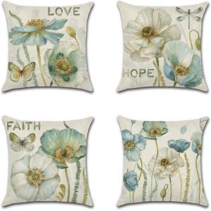 Eryi-Extérieur Housse De Coussin, Lot De 4 Imperméable Fleurs Jaunes Et Bleues Motif Canapé Taie D'oreiller Pour Patio Jardin Salon Chambre Décoration, 45x45cm - Neuf