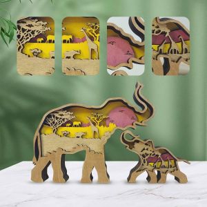 Trahoo-3d Bois Animaux Statue Ornement Artisanat Wooden For&ecirc;t Loup Renard Hibou &Eacute;l&eacute;phant Sculpture D&eacute;coration Pour Salon Chambre D'enfants Salon Chambre Bureau Mur Maison D&eacute;co (&Eacute;l&eacute;phant) - Neuf