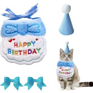 Kal-1 Bavoir, 1 Bonnet D'anniversaire, 2 Épingles À Cheveux Avec N?ud, Bonnet D'anniversaire Pour Chiot Et Chaton, Écharpe, Accessoires D'anniversaire Pour Animaux De Compagnie, Costume De Chat (Bleu - Neuf