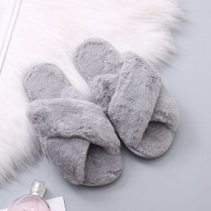 Croix De La Bande Peluche Confortable Maison De Chaussons Moelleux En Fourrure Open Toe Maison Chaussures Indoor Outdoor Diapositive Pantoufle¿Gris - Neuf