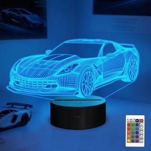 Veilleuse De Voiture 3d Led Illusion Voiture De Course 16 Couleurs Avec T&eacute;l&eacute;commande Cadeau Cr&eacute;atif Pour Gar&ccedil;on - Neuf