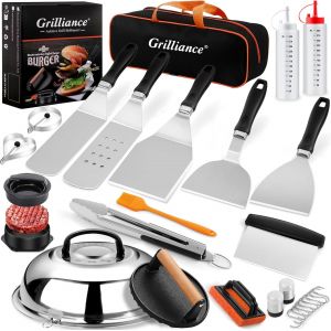 Ulteronixshop-27PCS Spatule Plancha Accessoires pour Hommes, Teppanyaki Grill Set d'ustensiles de Barbecue INOX, Hibachi Smasher Burger Kit Cadeau avec Presse &agrave; Hamburger, Cloche Cuisson pour Blackst - Neuf