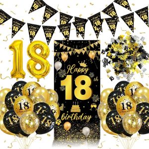 KALANKA-Décoration Anniversaire 18 ans, 18 Ans Décorations Anniversaire Noir Or, Deco anniversaire Bannières, Confettis, Deco 18 ans Ballon Toile Affiche Fond Photo pour Femme Homme - Neuf
