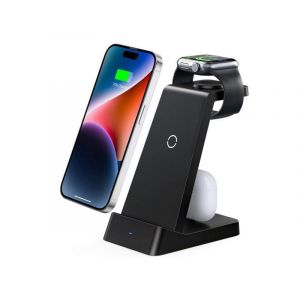 Chargeur Sans Fil Qi 3 En 1 15 W Pour Iphone, Apple Watch, Airpods - Noir - Neuf