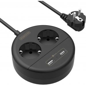 Multiprise Murale 2 Prises avec 2 USB, Pare Foudre, Support Mural Gratuit, Ronde Peu Encombrante, Protection Contre Les Surcharges - Cordon de 1,5M - Noir - Neuf