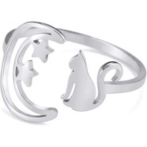 Kahfl-Acier Inoxydable Mignon Chat Bague Croissant De Lune Étoile Chat Bague Réglable Pleine Lune Chats Bague Chat Amant Bijoux Pour Les Femmes - Neuf