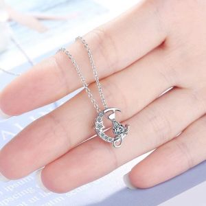 Pendentif Chat Sur La Lune,Zirconium Diamant Chat Pendentif,Collier Argent 925 Pendentif Chat,Pendentif Chat Argent Bijoux Chat,Femme Collier Avec Chat Sur La Lune,Cadeau Pour Femme Fille - Neuf