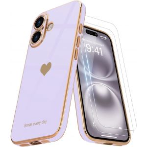 Eryi-Coque Compatible Avec Iphone 16 + 2 Films De Protection D'écran, Coque Pour Fille, Coque De Protection D'appareil Photo Galvanisée Pour Iphone 16, Fleurs Violet - Neuf