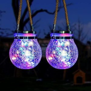 2 &times; Lanterne Solaire Ext&eacute;rieur, 30 Led Lampe Boule Suspendue Solaire, &Eacute;clairage Jardin En Verre Craquel&eacute;, Lumi&egrave;res Mason Jar D&eacute;coration &Eacute;tanche Int&eacute;rieur Pour Patio F&ecirc;te Cour No&euml;l (Multicolore) - Neuf