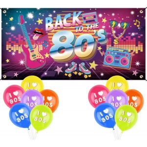 CAUC-D&eacute;coration Ann&eacute;es 80 1Pc Banni&egrave;re 12Pcs Ballon Toile de Fond Back to The 80's I Love 80s Th&egrave;me R&eacute;tro Hip Hop Kit D&eacute;coration Murale pour F&ecirc;te Anniversaire Photographie Int&eacute;rieur Ext&eacute;rieur180*90cm - Neuf