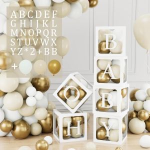 ERYI-105 Cube Baby Shower Decoration Filles Garçons, 6 Boîte À Ballon Transparente Douche Bébé Avec 54 Lettres, 45 Ballons Blanc Sable Doré, Boite Anniversaire Pour Deco Baby Shower, Gender Reveal, B - Neuf