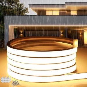Neon Bandeau Led Exterieur 10m, Silicone Néon Ruban LED 220V Exterieur Etanche Ignifuger IP65 Bande LED DIY Flexible Blanc Froid 6000K Découpable Rubans à Led 120LED/m Avec Alimentation - Neuf