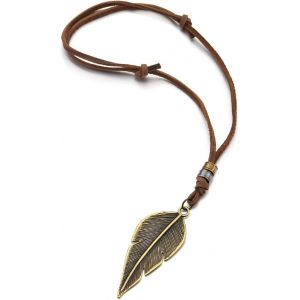 Kal-Plume Pendentif - Cordon En Cuir Collier Pour Homme Femme - Cordon En Brun Cuir R&eacute;glable - Boho Tribal - Neuf