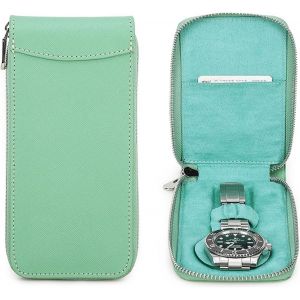 Kal-Étui De Voyage Pour 1 Montre - En Cuir Saffiano - Portable - Fermeture Éclair - Vert Pâle - Neuf