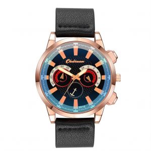 Montre-Bracelet A Trois Yeux Pour Homme, Tendance, Decontractee, En Cuir Pu, Couleur Or Rose Et Bracelet Noir - Neuf