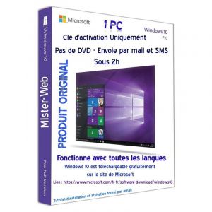 L'activation de windows 10 Pro 32-64 bits Uniquement la cl&eacute; pas de CD envoie par mail et SMS pour 1 PC &agrave; vie - Neuf