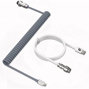 KAL-Câble De Clavier Spiralé, Pro Customized Usb C Câble Pour Clavier Mécanique, Clavier De Jeu Câble, Type-C Vers Usb-A, Tpu Coiled Cable Avec Connecteur D'Aviation En Métal-Gris & Blanc - Neuf