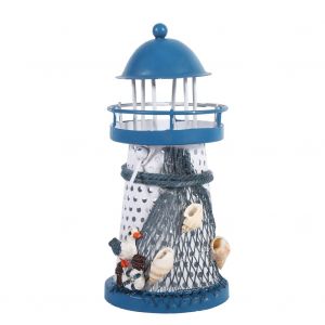 Bougeoir en metal fait main de style mediterraneen en forme de phare, decoration d'interieur avec oiseaux marins - Neuf