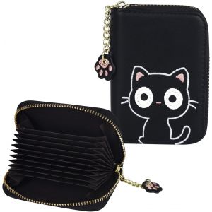 Porte-cartes de crédit en cuir noir 11,5 x 8 x 3 cm, porte-cartes à fermeture éclair, motif chat mignon, porte-monnaie pour femme, 11 emplacements, porte-cartes blindé, étui accordéon (1 pièce) - Neuf
