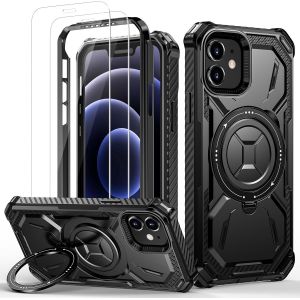 Maa-Coque Pour Iphone 12, Coque Pour Iphone 12 Pro Avec 2 Verre Trempé, Antichoc Étui De Militaire Protection, Anneau Support Renforcée Armure Housse, Noir - Neuf