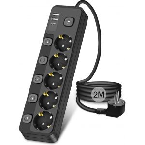 CHENG-Multiprise avec Interrupteur 2M, 5 Prises Multiprise Electrique avec 2 USB-A et 1 USB C, Prise Multiple Parafoudre Parasurtenseur pour Bureau/Cuisine, Noir (2M) - Neuf