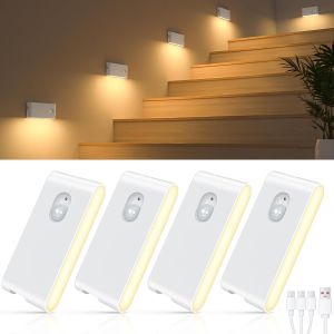 Veilleuse Détecteur De Mouvement, Lot De 4 Lampes Led Rechargeables, Lampe Détecteur De Mouvement Intérieur Avec 3 Modes(Auto/Off/On), Lampe Veilleuse Pour Escalier, Couloir, Chambre, Armoire - Neuf