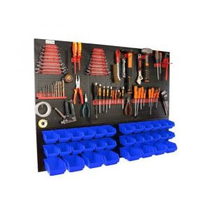 botle&reg; Panneau perfor&eacute; m&eacute;tallique, bacs empilables + &eacute;tag&egrave;re murale + porte-outils, lot de 59 pi&egrave;ces, 32 bacs bleus empilables - Neuf