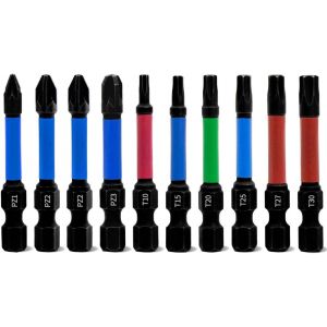 Jeu de Embouts Tournevis Pozidriv and Torx Professionnels 10Pcs Longueur 50mm Embouts Visseuse Magnétique à Choc PZ1-PZ3/T10-T30 avec 1/4"" Hexagonale Tige - Neuf