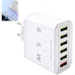 JGD-65W Chargeur USB Multiple 6 Ports, Chargeur Rapide QC 3.0 Smart Charger, Prise USB Multiple 65W pour iPhone 15 14 13 12 11 XS XR, pour Galaxy S23 S22 S21, Android, Tablettes - Neuf