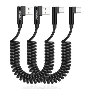 JGD-C&acirc;ble USB C Spirale 60W, 2 C&acirc;ble USB vers USB C Charge Rapide 3A QC3.0 USB C &agrave; Angle Compatible avec iPhone 16 15, avec Huawei, Galaxy 23 22, &eacute;tendu de 0,3 m &agrave; 0,8 m (Noir) - Neuf