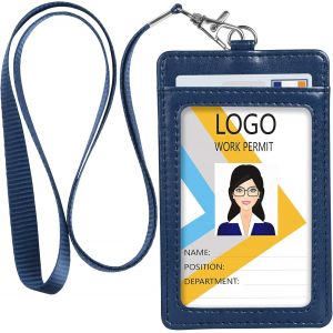 KALANKA-Porte Badge Tour de Cou, Porte Badges Verticaux, Fabriqué en Cuir PU, Avec Fenêtre Transparente, 2 Emplacements pour Cartes, Bleu - Neuf