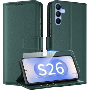 ELVORIX-Coque pour Samsung Galaxy S26 Etui avec Verre Tremp&eacute; Porte Carte Rabat Clapet Portefeuille Cuir Pochette Antichoc Flip Case &Eacute;tui Housse Protection,Vert Fonc&eacute; - Neuf