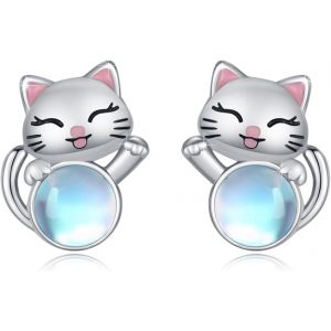 Chenquansarl-Boucles D'oreilles En Forme De Chat En Pierre De Lune En Argent Sterling 925 Pour Femme Et Fille, Argent Sterling - Neuf
