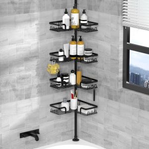 Etagere Douche Telescopique - Etagere Douche Angle Etagere Angle Salle de Bain Etagere de Douche Sans Percage Support Savon Crochet Douche(Noir, Inox) - Neuf