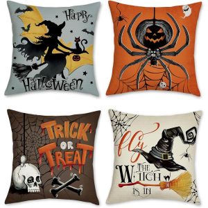 CAUC-Housse de Coussin Halloween 45 x 45 cm Sorci&egrave;re Araign&eacute;e Cr&acirc;ne Polyester Lin D&eacute;coratif Taie d'oreiller pour Canap&eacute; Salon Maison Ext&eacute;rieur Halloween D&eacute;coration 4 Pi&egrave;ces - Neuf